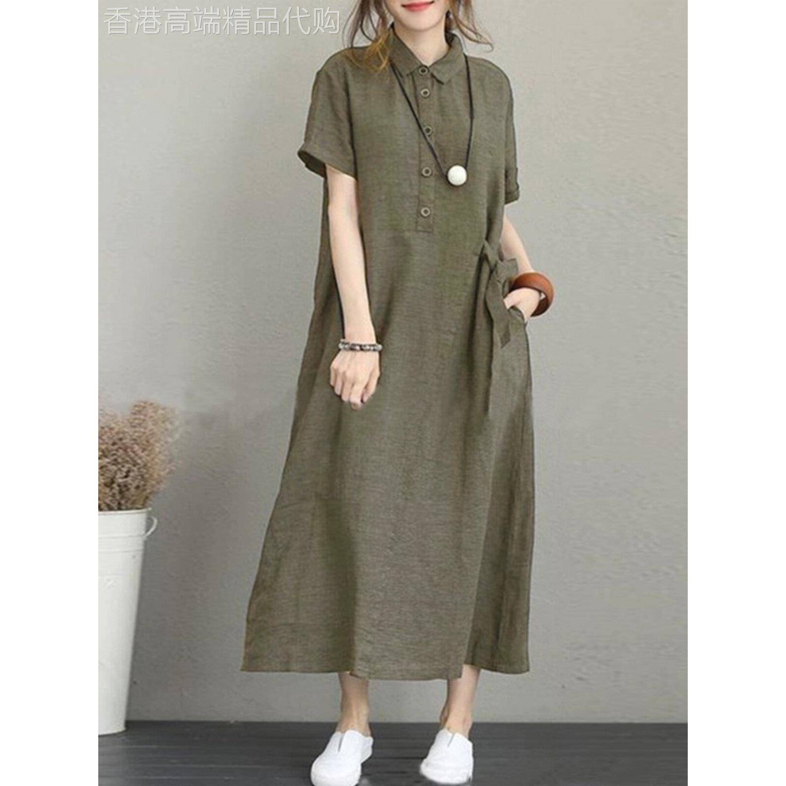 西式宽松棉麻短袖女装夏装文艺大码减龄显瘦中长亚麻衬衫长裙