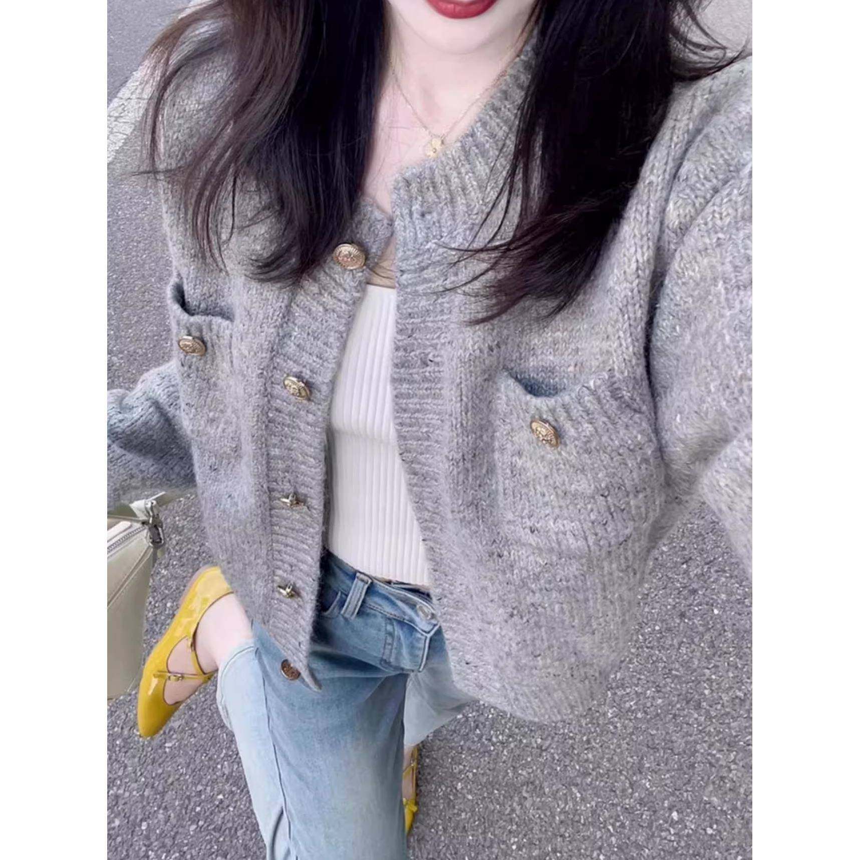 2025新爆款针织开衫灰色毛衣香风外套女秋冬季高级感穿搭上衣内搭