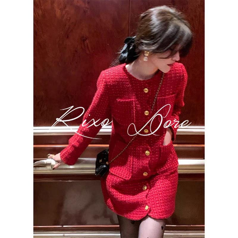 RIXO DORE法式圣诞红色毛呢连衣裙新款小个子高级感内搭小裙子女