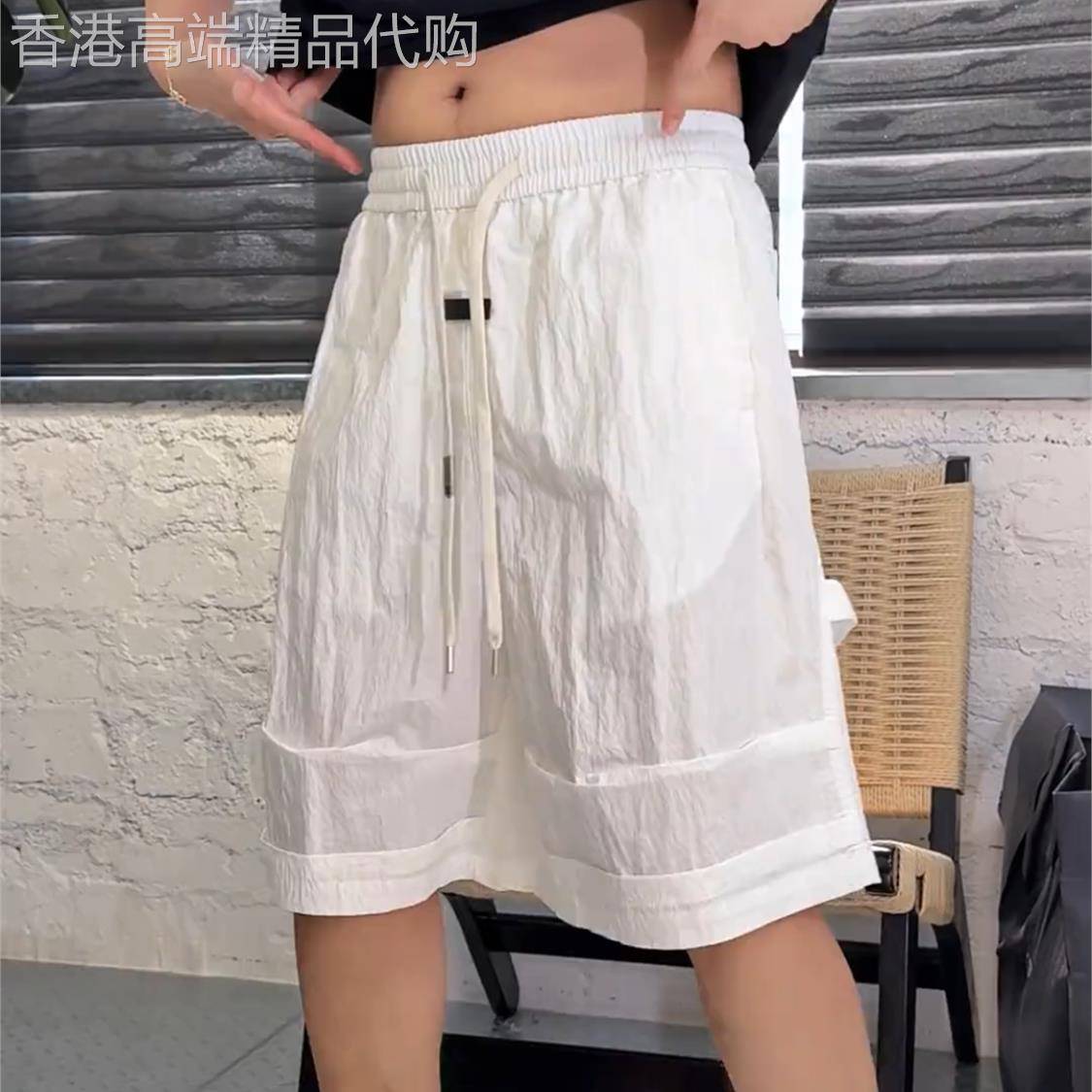 潮牌夏季新款时尚褶皱肌理感短裤子男轻薄透气阔腿五分裤速干中裤