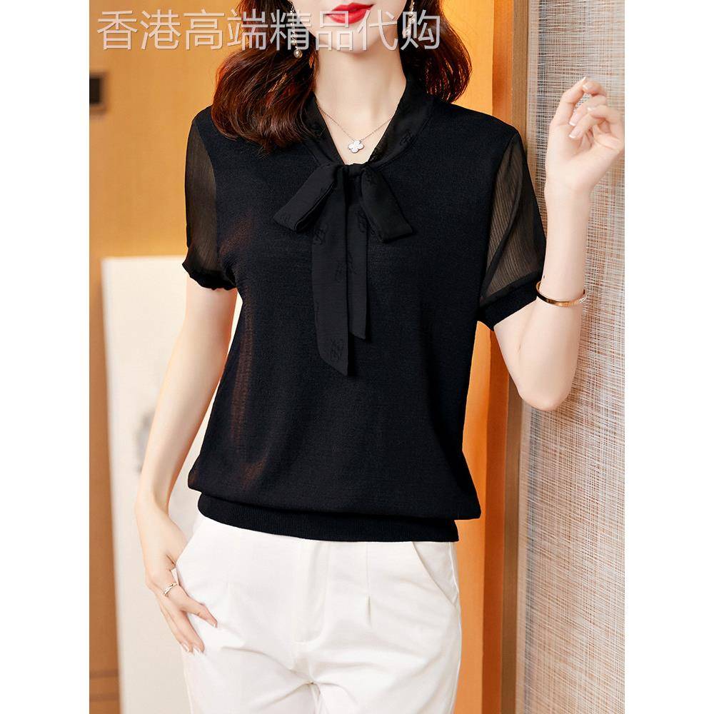 冰丝短袖T恤女夏季薄款2025新款设计感小众宽松黑色雪纺衫女上衣