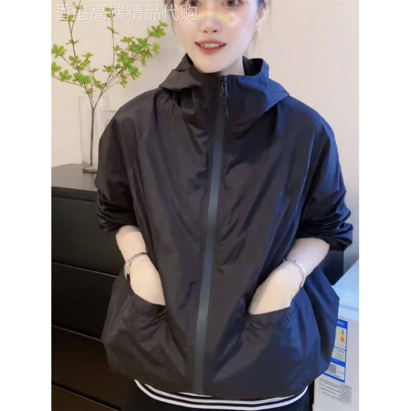连帽冲锋衣女春秋欧货透气网双层大口袋开衫风衣夹克短防晒服外套