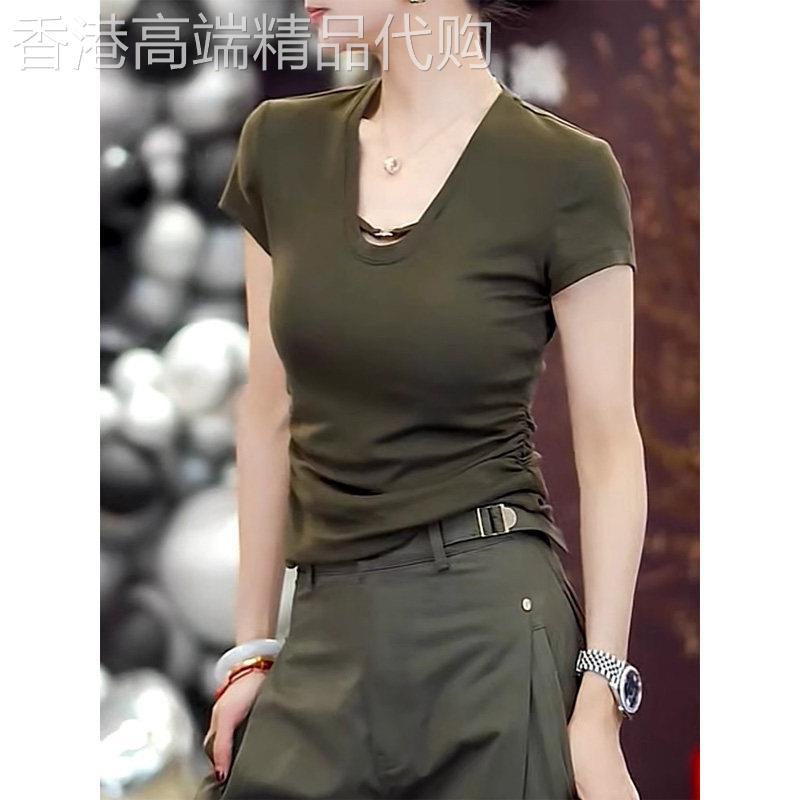 莱赛尔天丝U领短袖t恤女士夏季2026欧货绿色体恤修身显瘦正肩上衣