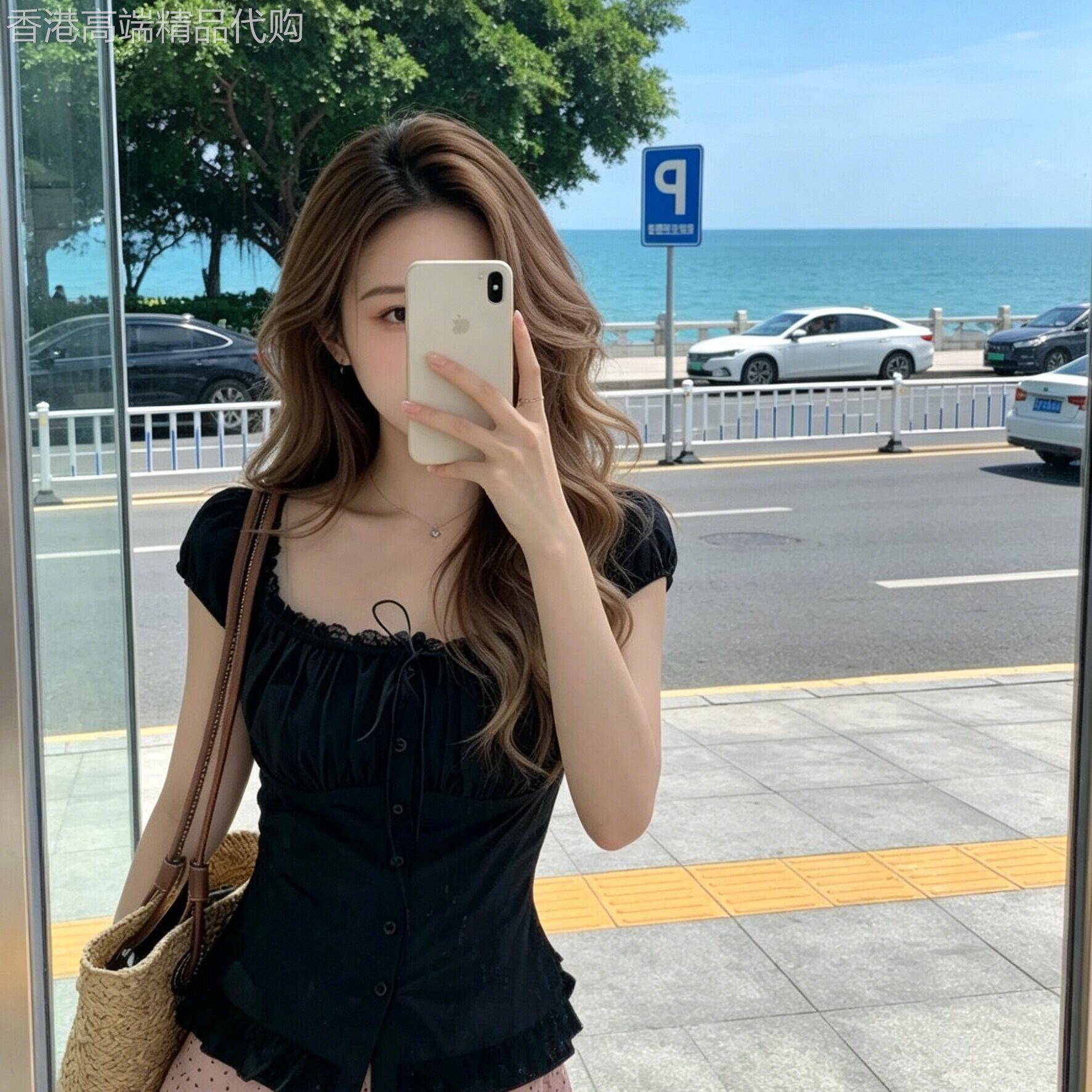 短袖甜辣妹风纯欲一字领露肩系带T恤拼接蕾丝花边收腰显瘦衬衫夏