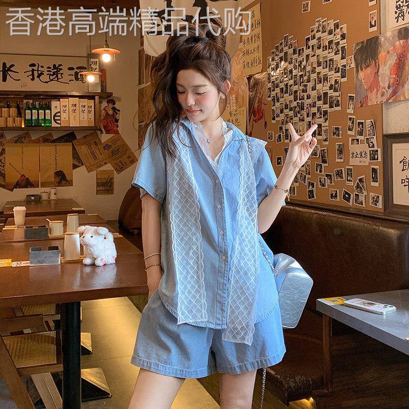 一整套ootd穿搭减龄薄牛仔套装女夏2026新款蕾丝衬衫短裤子两件套