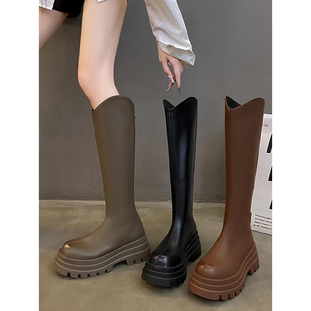 香港高跟靴子长筒靴女小个子秋冬V口瘦瘦靴不过膝厚底高筒骑士靴