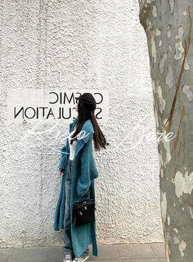 RIXO DORE法式新款高级湖蓝中长款休闲气质针织开衫外套大衣加厚