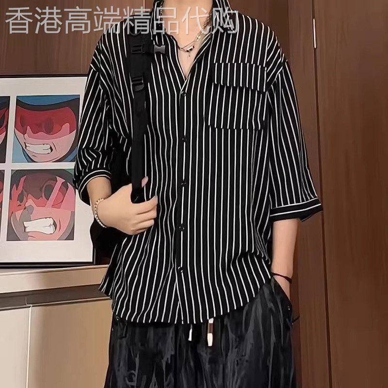 轻奢黑白条纹短袖衬衫男士夏季痞帅高级感七分袖衬衣大码冰丝外套