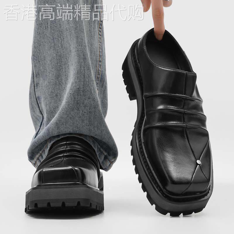 【高品质】方头一脚蹬包头半拖鞋男款厚底增高休闲懒人鞋小皮鞋潮