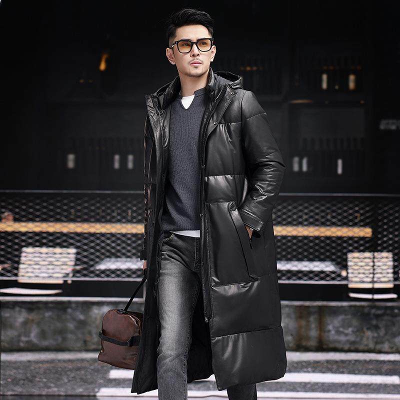 海宁真皮皮衣男小牛皮羽绒服加厚加长款过膝连帽皮草冬季大衣外套