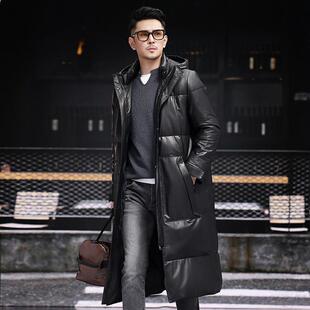 海宁真皮皮衣男小牛皮羽绒服加厚加长款过膝连帽皮草冬季大衣外套