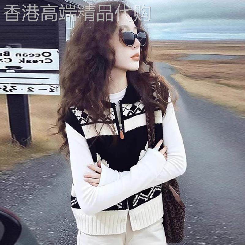 复古撞色polo费尔岛毛衣针织马甲女士春秋欧货巨好看超火减龄上衣