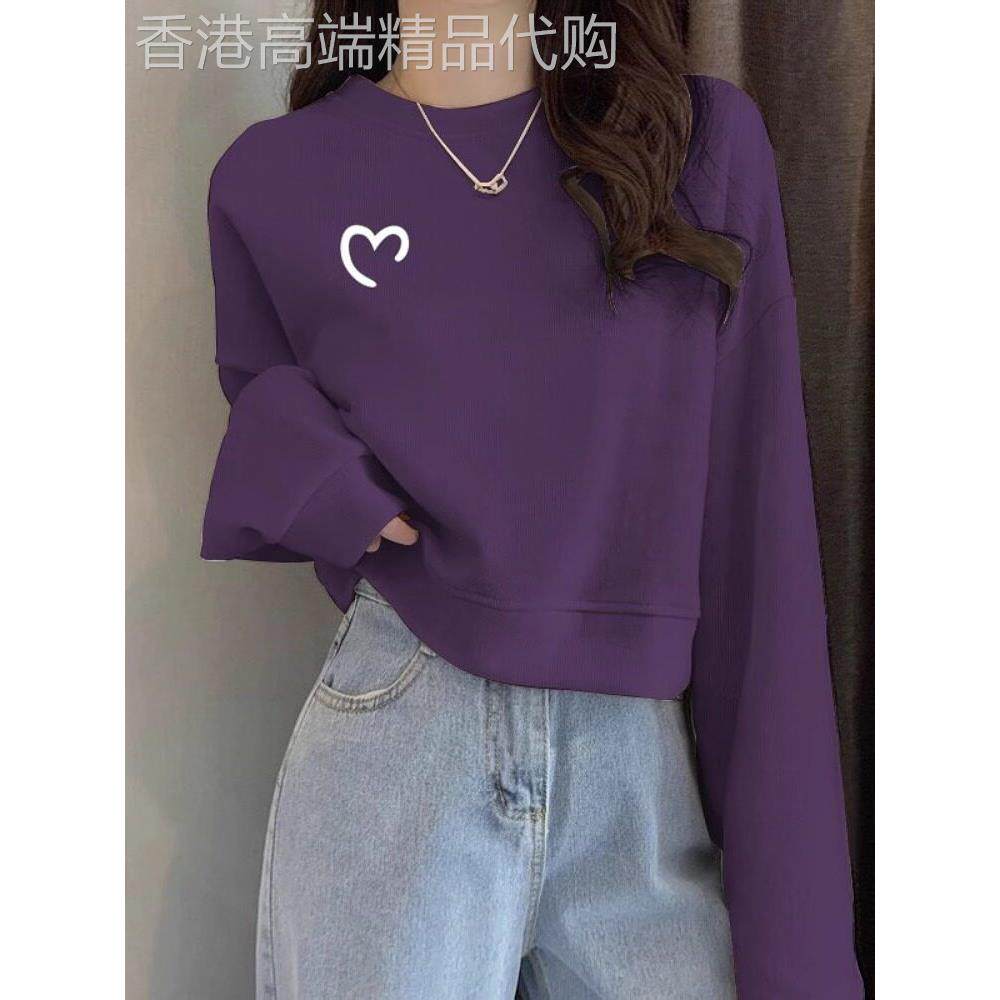 圆领套头短款卫衣女加绒加厚秋冬长袖上衣高腰显瘦小个子春秋薄款