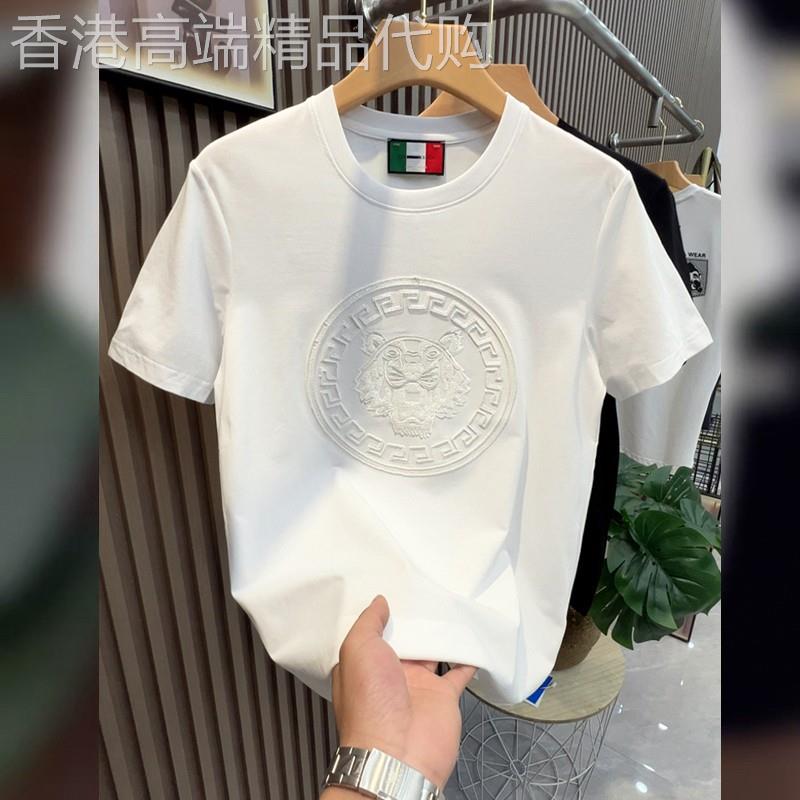 MK丝光棉修身短袖T恤男夏季高级感虎头标刺绣立体半袖男士上衣潮