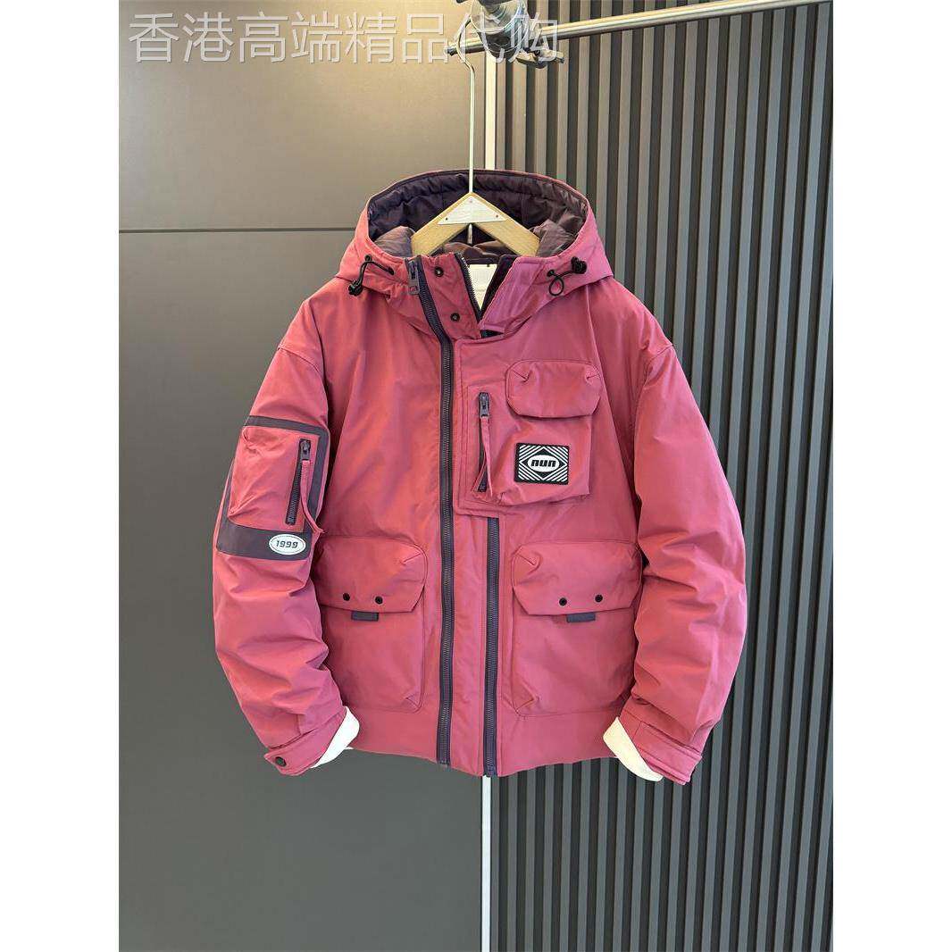 代购多口袋工装连帽白鸭绒羽绒服青年户外加厚夹克宽松情侣外套潮