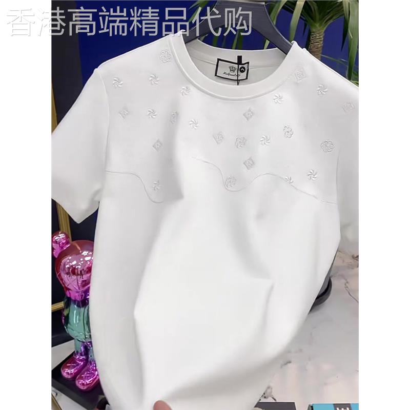 夏季潮牌个性刺绣圆领短袖T恤男2025潮流纯棉休闲百搭体恤上衣男