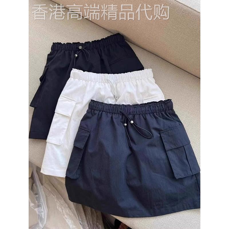 海军蓝高腰女装短裙夏季欧洲货2025新弹性腰拉绳多功能a字裙
