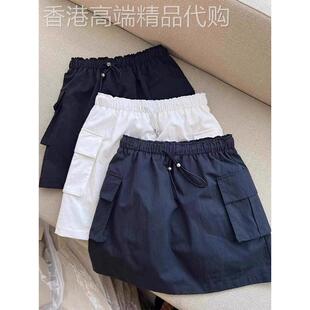 海军蓝高腰女装短裙夏季欧洲货2025新弹性腰拉绳多功能a字裙