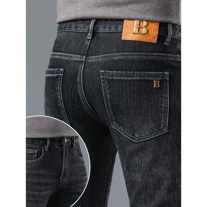 欧洲站黑色牛仔裤男款秋冬季加绒加厚弹力修身直筒休闲男士长裤子