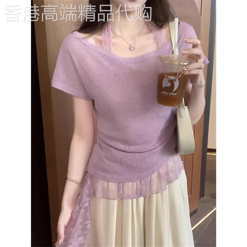 紫色短袖T恤女夏季新款法式纯欲风蕾丝花边拼接挂颈独特别致上衣