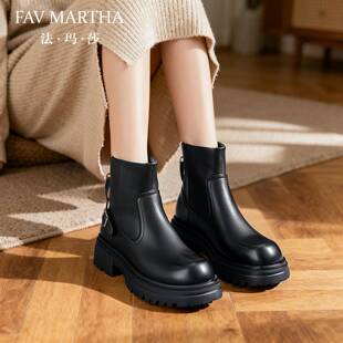 法玛莎品牌真皮短靴女头层牛皮加绒保暖2025新款薄绒皮带扣机车靴