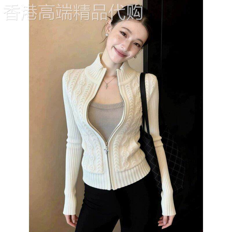 白色针织毛衣外套女秋冬2026新款休闲简约拉链麻花纹加厚保暖上衣