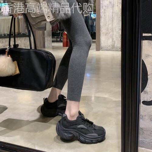 软牛皮~真皮拼色绒面厚底老爹鞋女春季新款系带增高休闲鞋运动鞋