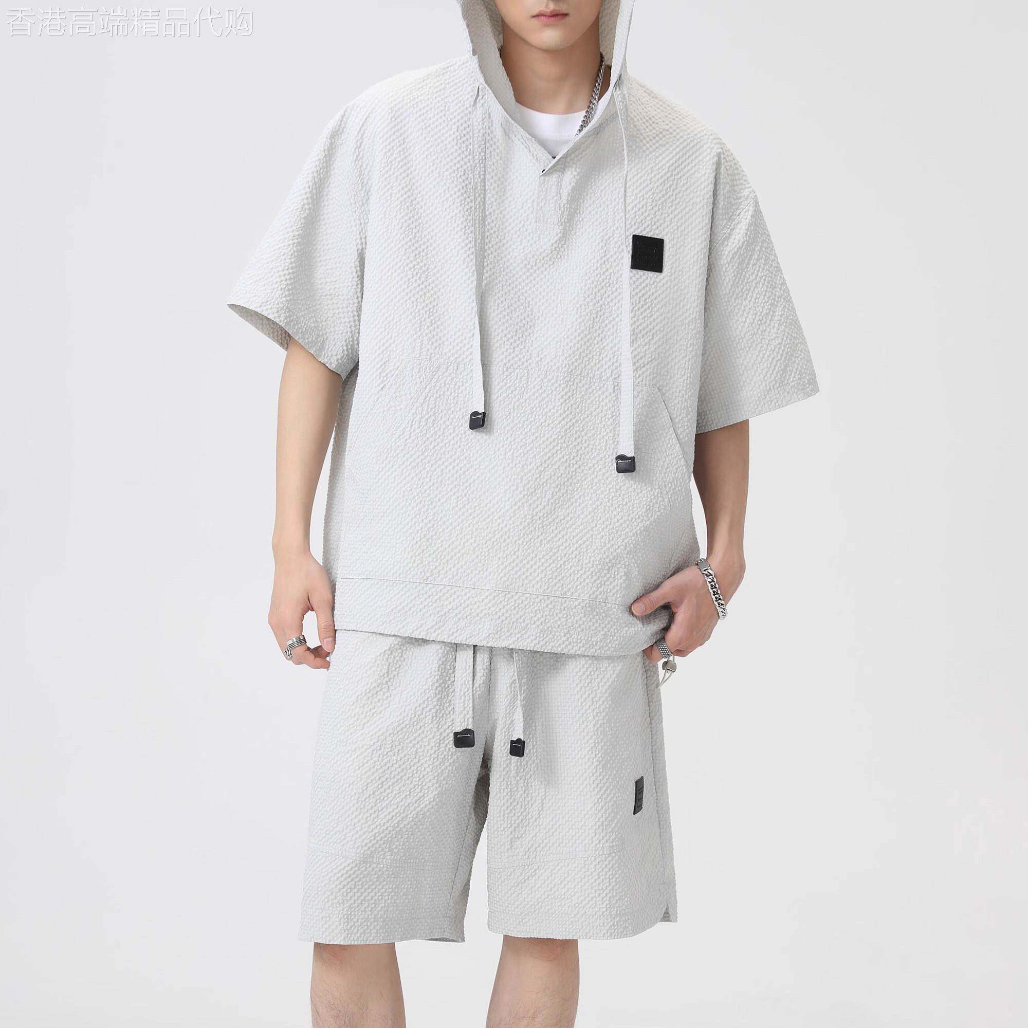 香港潮牌休闲套装男夏季薄款泡泡纱连帽短袖短裤青少年运动两件套
