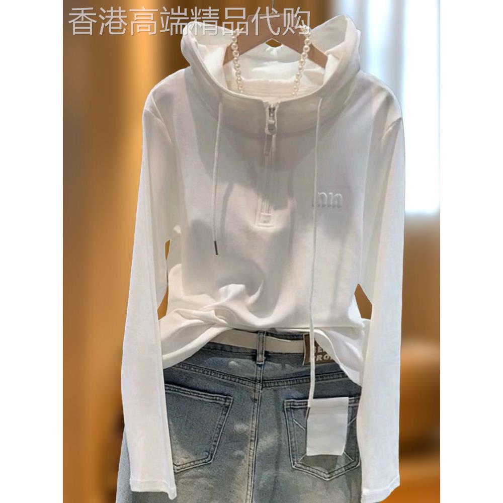 欧洲站连帽长袖t恤女秋季欧货时尚百搭设计感拼接拉炼打底衫上衣