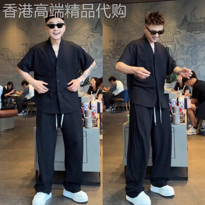 潮牌新中式休闲套装男士2026新款夏季宽松短袖衬衫长裤子搭配男装