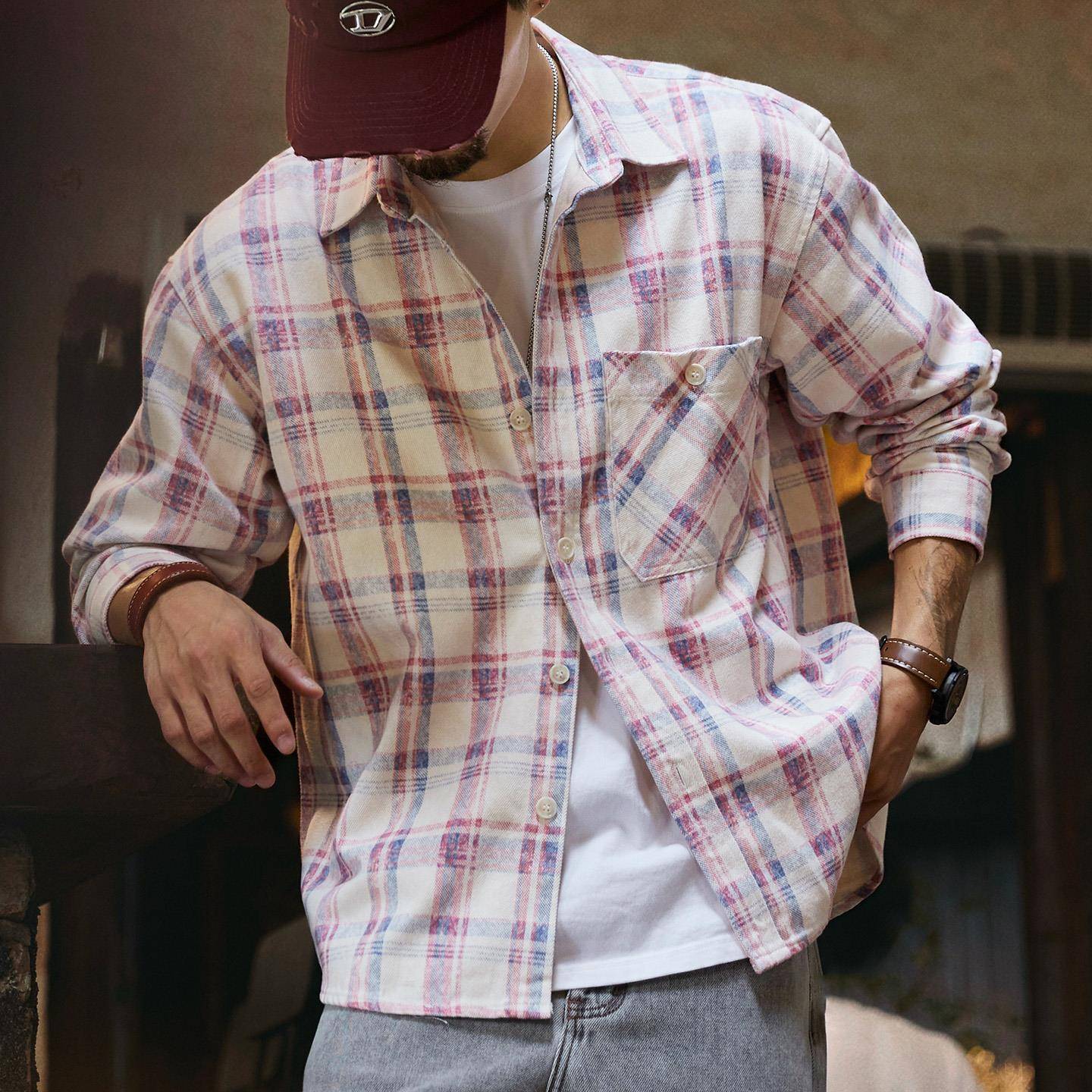 Madness Mdns Wruei天丝莱赛尔2025秋季长袖衬衫男士水洗格子衬衣