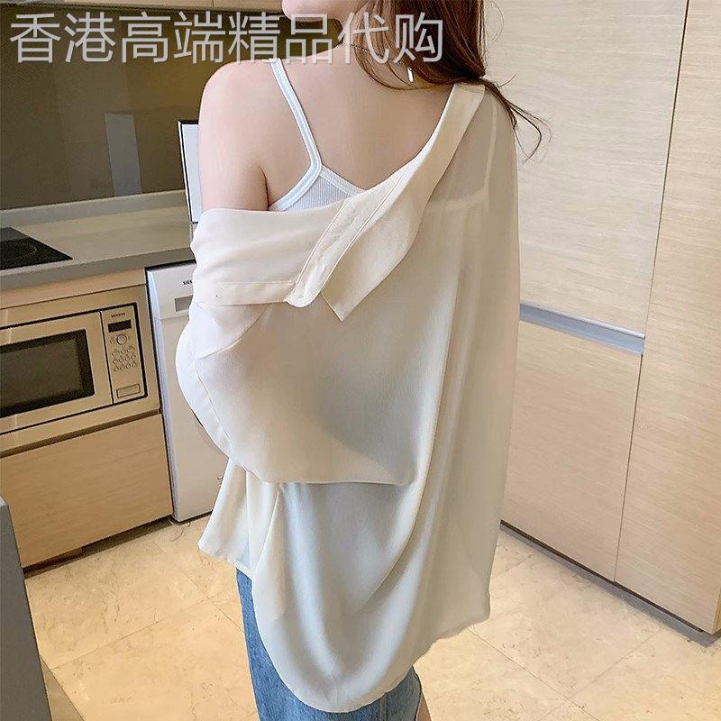 冰丝开衫防晒衬衫女夏季薄款雪纺配吊带裙子外搭上衣中长款外套女