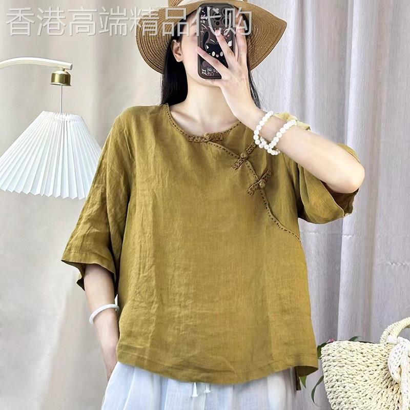 潮牌亚麻新中式衬衫女夏季新款复古圆领盘扣宽松显瘦五分袖上衣服