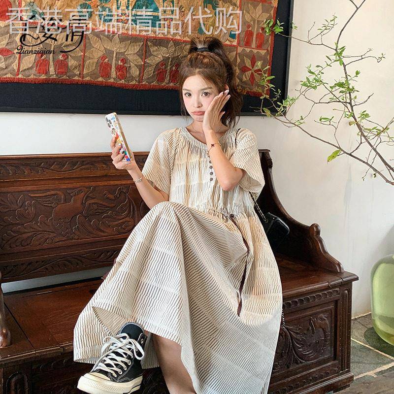 黑白条纹洋装女夏季2026新款法式复古森系减龄超好看少女娃娃裙