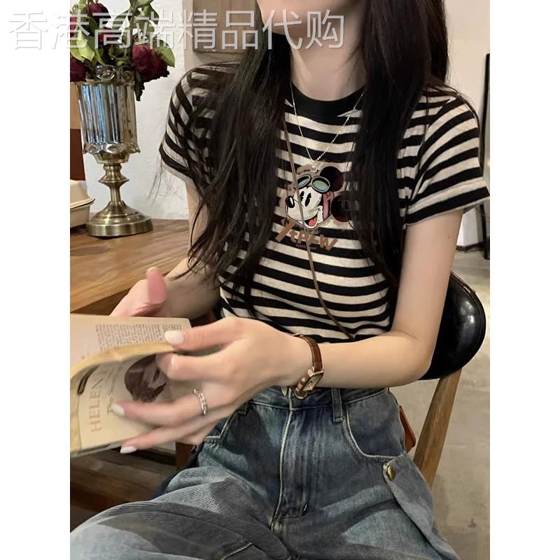黑色可爱休闲风条纹短袖T恤女夏季欧货印花设计感修身型显瘦上衣