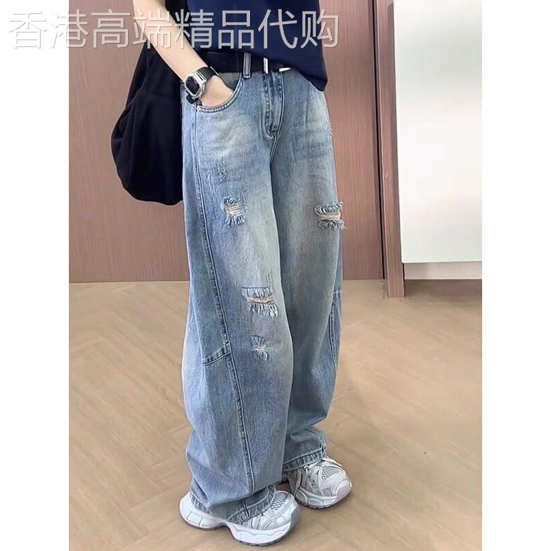 复古破洞弯刀牛仔裤女春季2026新款高腰宽松梨型身材休闲阔腿裤子