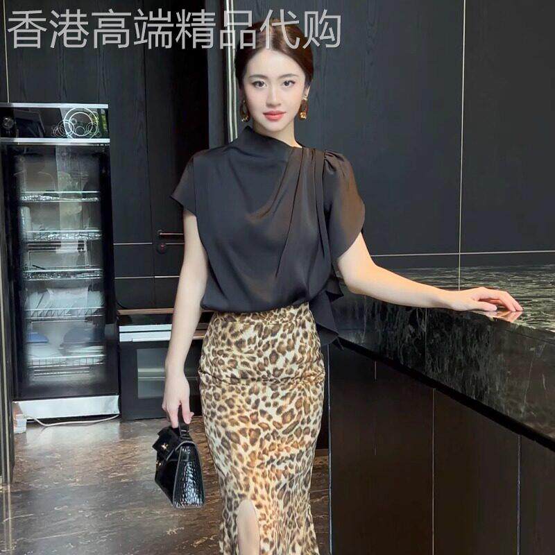 高级感垂折领缎面黑色衬衫短袖T恤女2026新款夏设计感小众气质上
