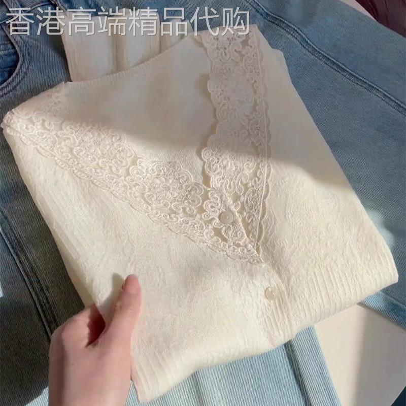 法式优雅蕾丝拼接杏色针织长袖女2025年秋季新款气质舒适大码上衣