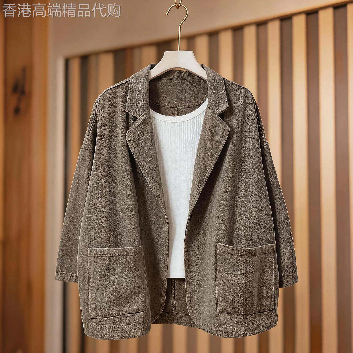 韩版宽松大版简约风棉质西装外套女秋季新款慵懒风翻领一粒扣西服