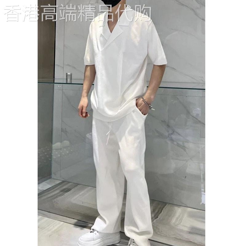 休闲运动套装男士夏季V领衬衫拖地阔腿裤搭配一套高级感纯色男装