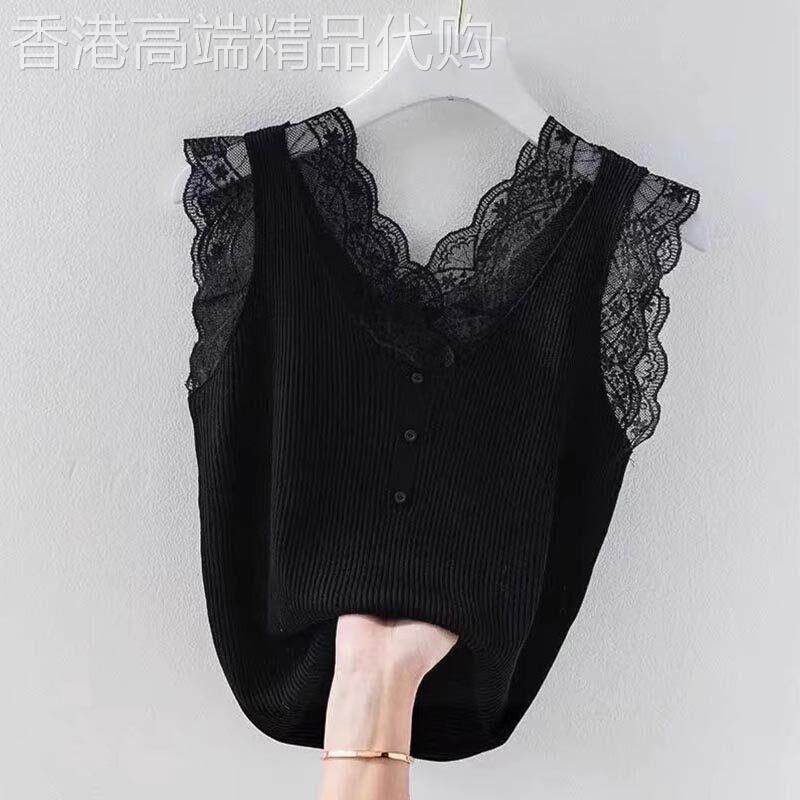 蕾丝背心女2025夏季新款V领冰丝宽松黑色吊带宽肩带无袖打底上衣