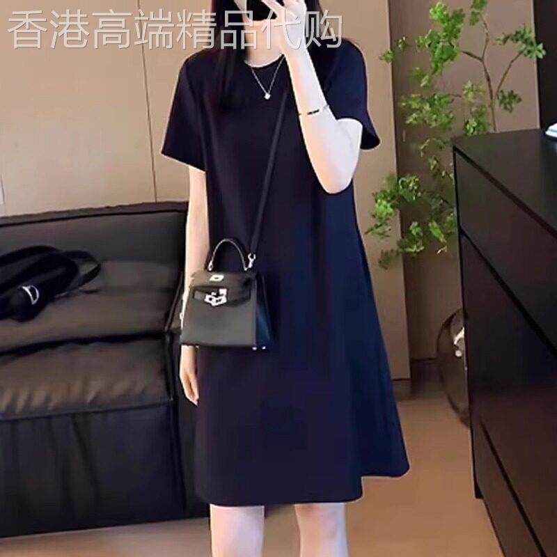 黑色短袖连衣裙女士夏季宽松遮肉显瘦大码女装小个子纯色t恤裙子
