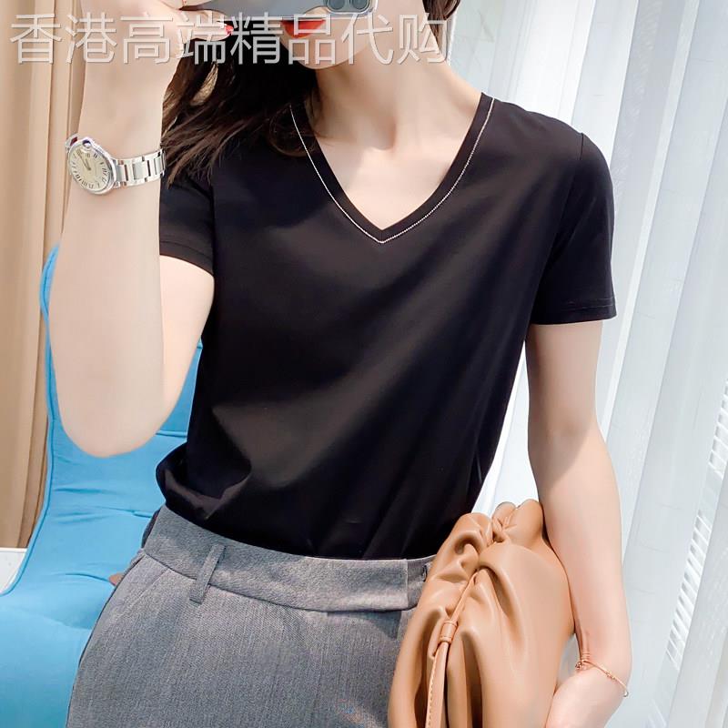 夏季双面丝光棉V领短袖T恤女宽松2026洋派简约时尚上衣女显瘦百搭