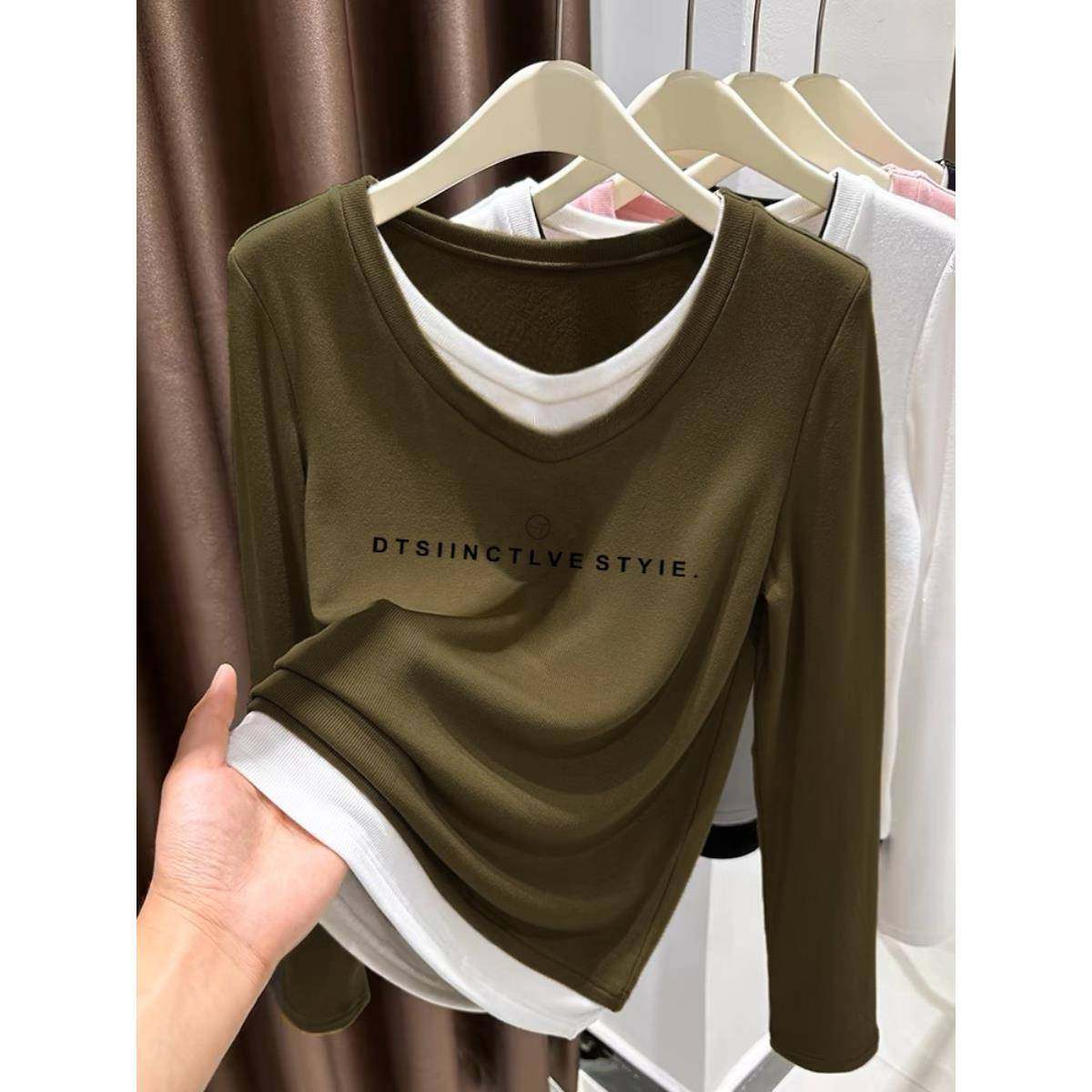 韩国纯棉假两件V领长袖t恤女2025春秋季小众设计感洋气打底衫上衣