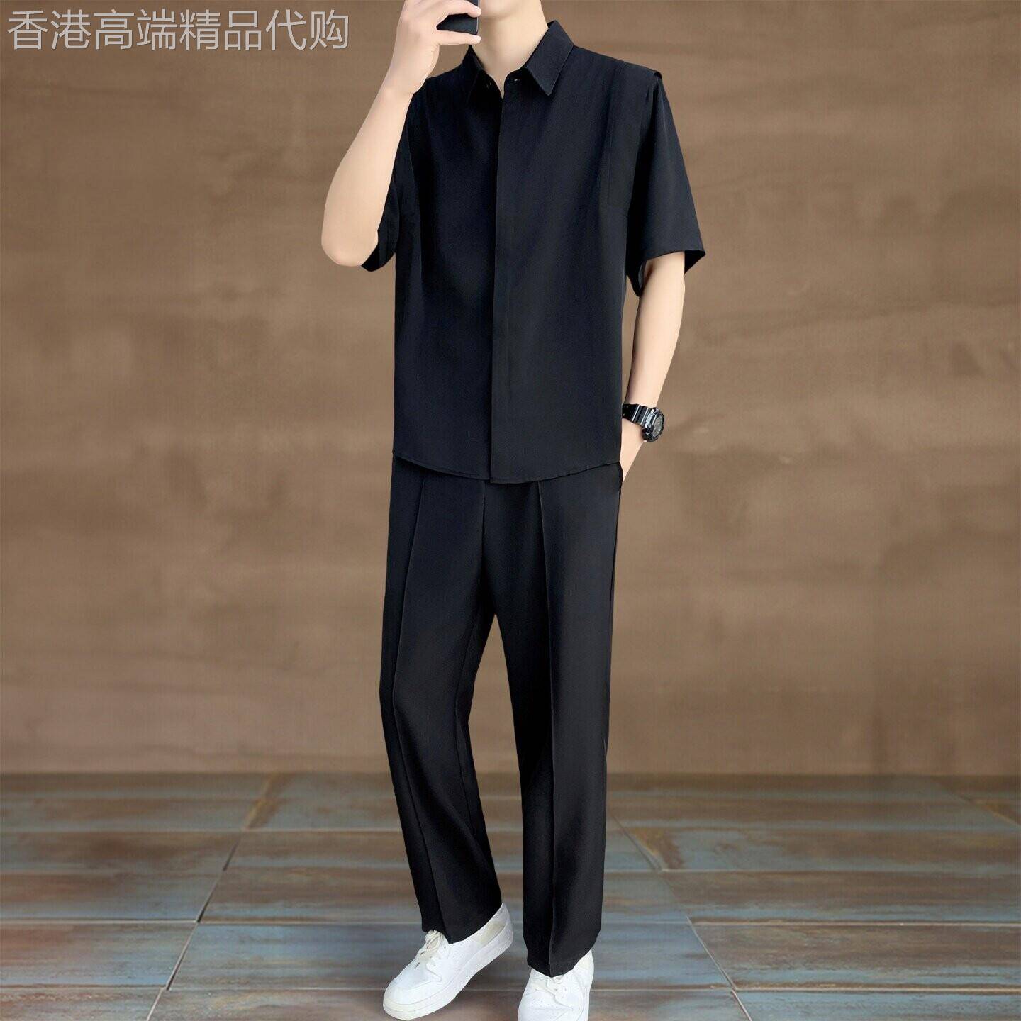 潮牌痞帅短袖长裤两件套男士夏季新款时尚衬衫套装商务休闲风穿搭