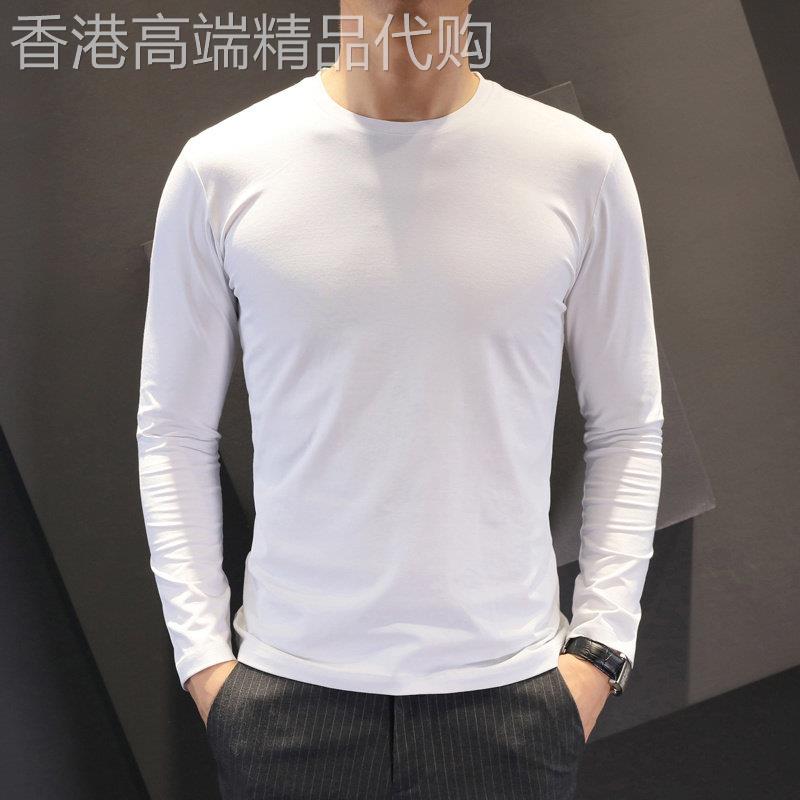 春秋季男士长袖T恤圆领修夏季薄款衣服白色纯棉高端纯色打底衫男