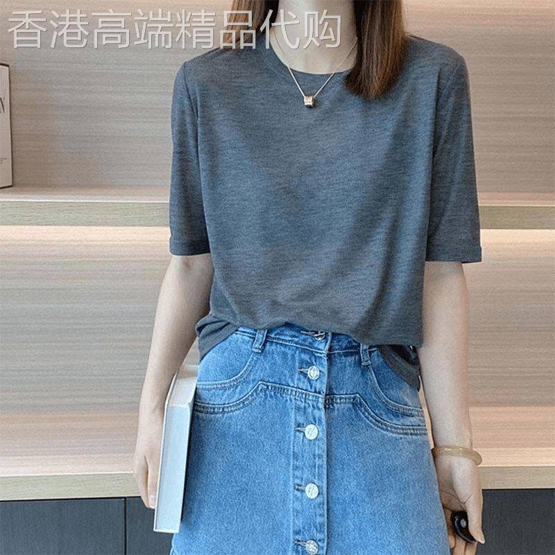 灰色中袖面膜t恤女夏薄款宽松显瘦洋气百搭纯色五分短袖圆领上衣