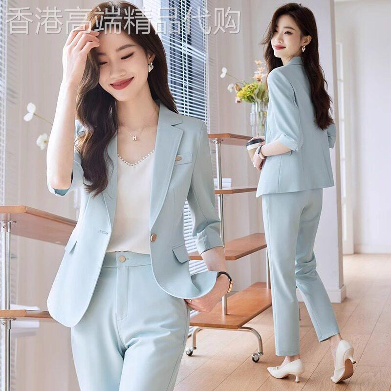 高级感蓝色西装外套女夏季薄款2025年新款时尚气质七分袖职业套装