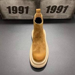 覆古中帮马丁靴男切尔西靴男款厚底增高英伦风高帮翻毛皮冬季加绒