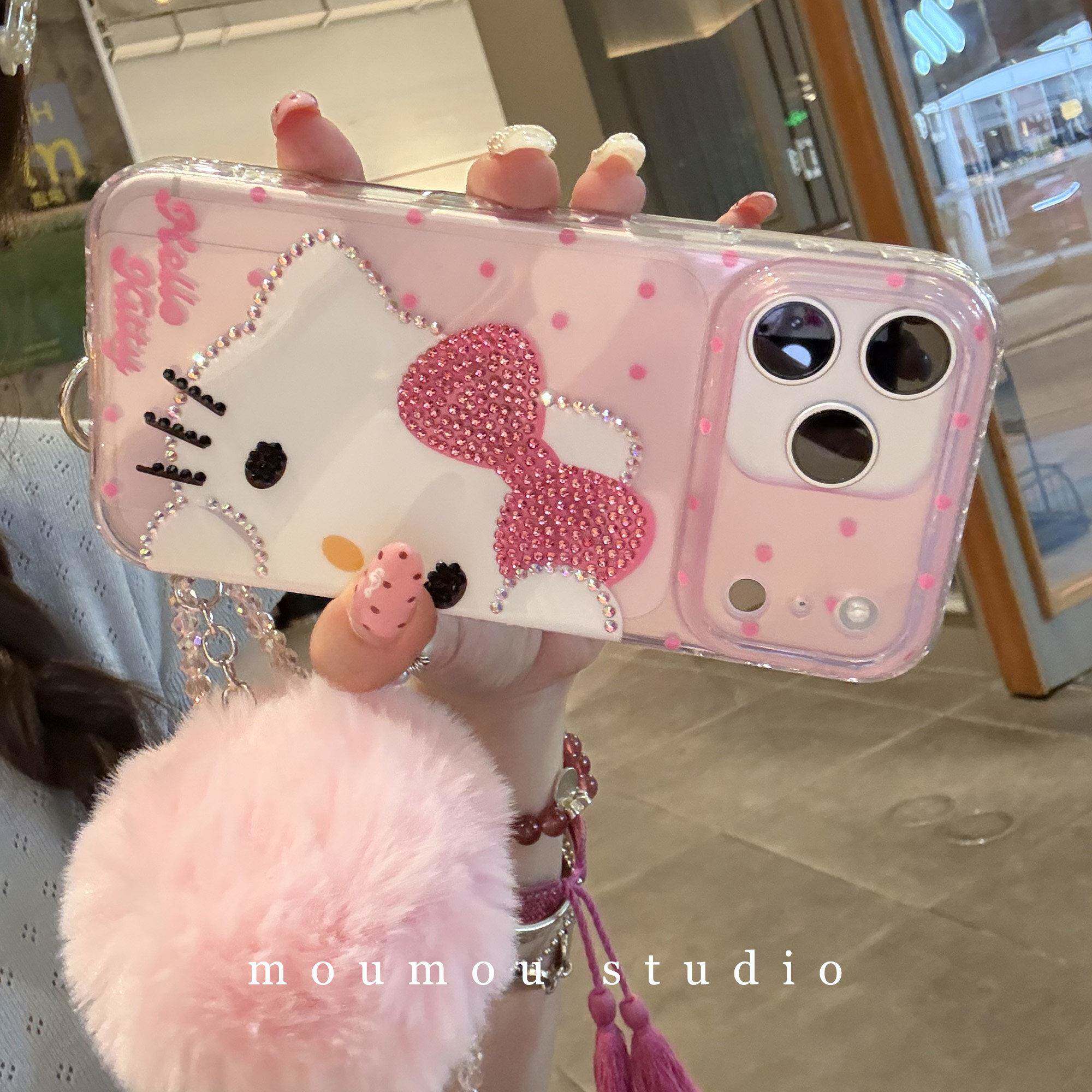 日本ins爱心钻猫咪17promax壳iPhone16/15少女全包hellokitty16/17挂件手链亚格力软包边17promax保护壳防摔